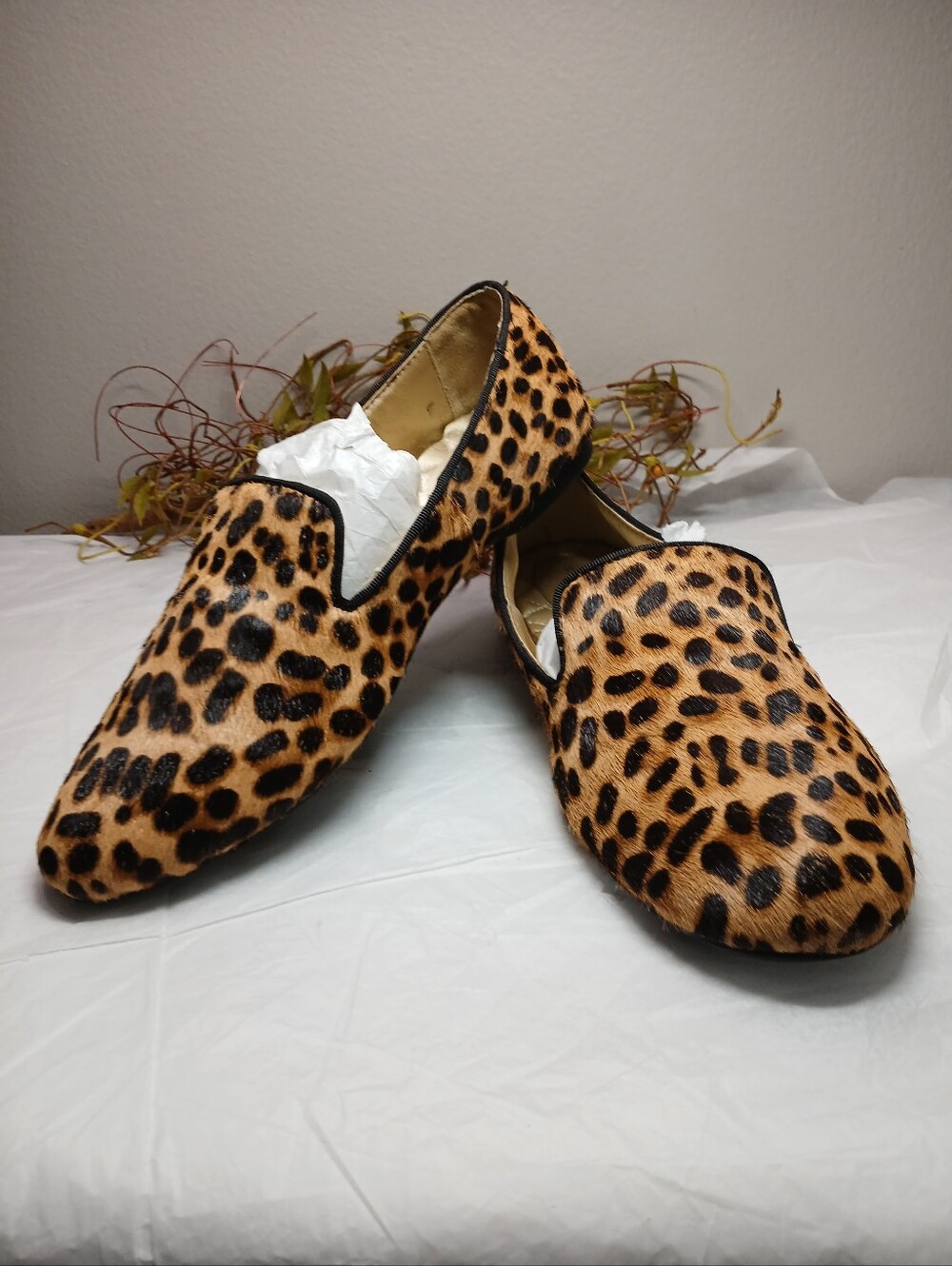Birdies Leopard-Print Slip-On Flats Womens Sz 6.5 Calfhair Upper Comfort Luxury
